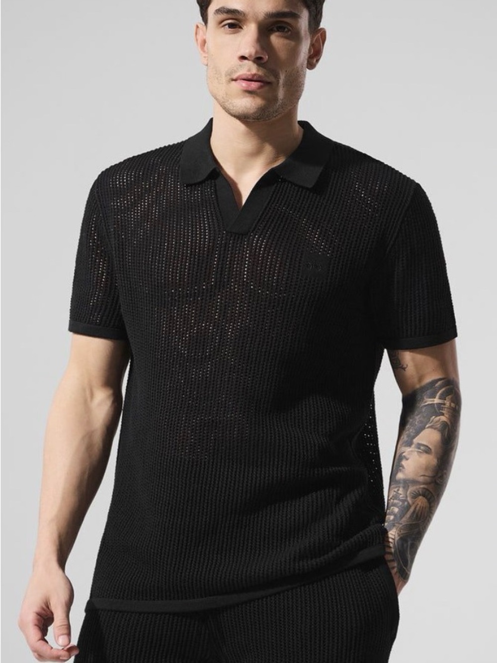 Alo Men's Black Open Knit Polo Shirt - Lightweight Short Sleeve